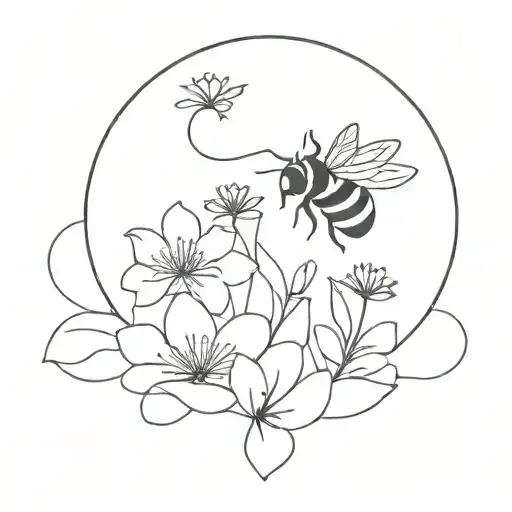 trippy flowers bees flying tattoo design idea