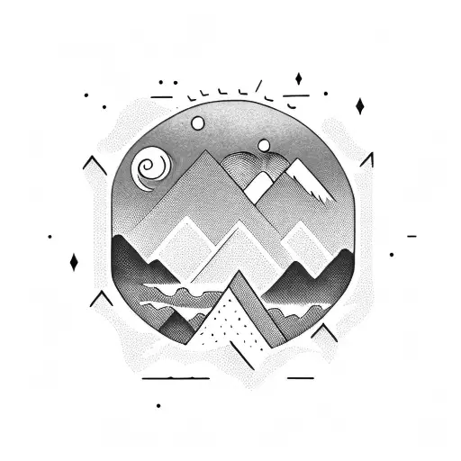 sunrise over mountains round tattoo design idea