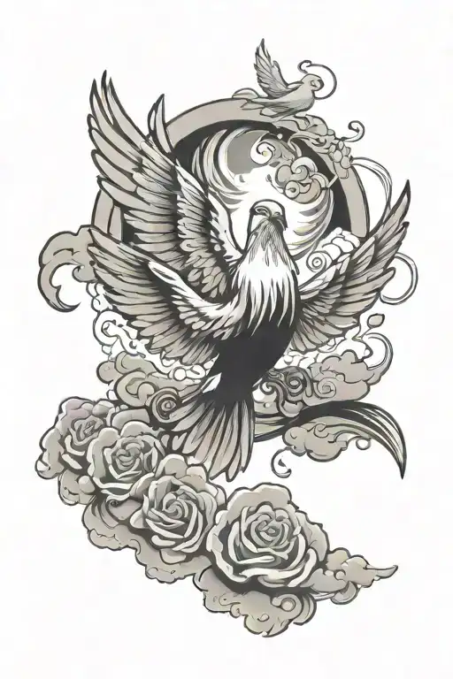 logo “GGTTT” surrounded by clouds, a broken heart singing into a mic, a dove flying in the clouds by my logo, and someth tattoo design idea
