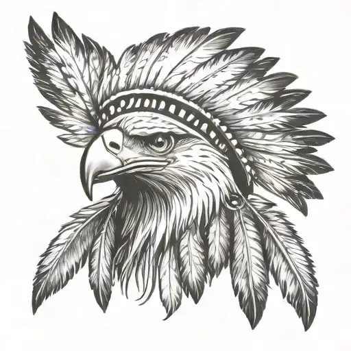 create an image of an eagle facing front wearing a Native American headdress. In the talons of the eagle should be milit tattoo design idea
