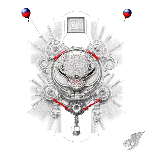 An intricate mechanical design with red balloons floating above tattoo design idea