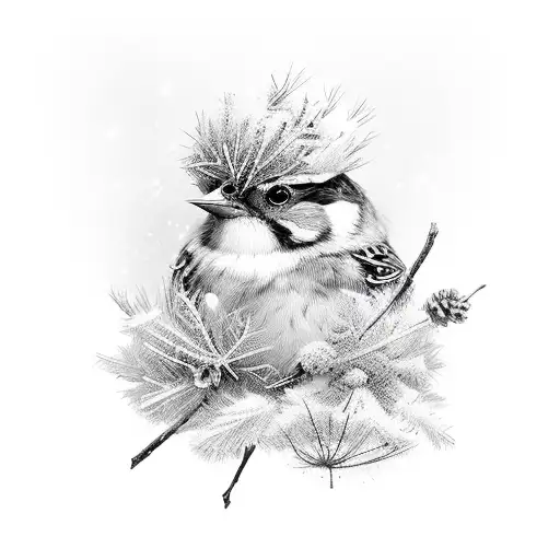 sparrow bird sitting wearing a winter hat tattoo design idea