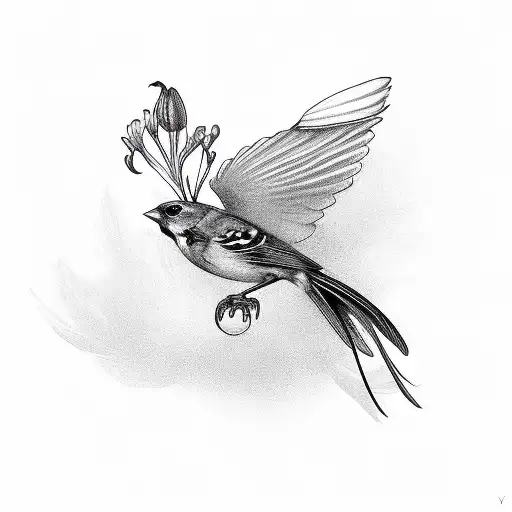sparrow  with lily flower in mouth tattoo design idea