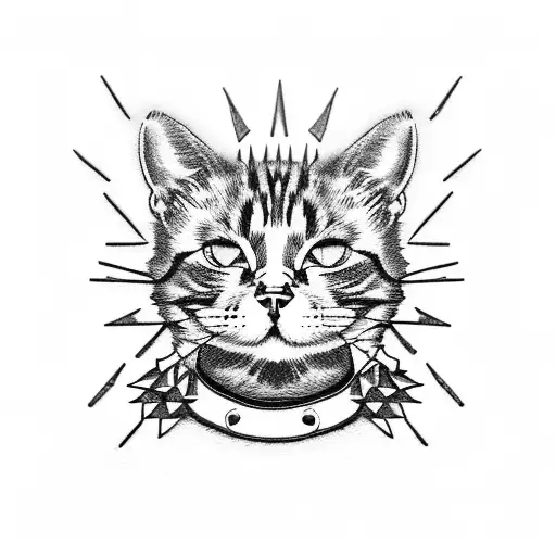 A cat wearing a leather jacket and spiked collar with punk band patches tattoo design idea