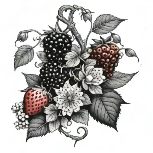 a strawberry, blueberry, and raspberry vine, with added blossoms and more berries tattoo design idea