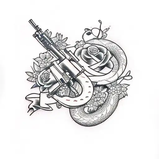 An AR15 rifle intertwined with flowers and snakes tattoo design idea