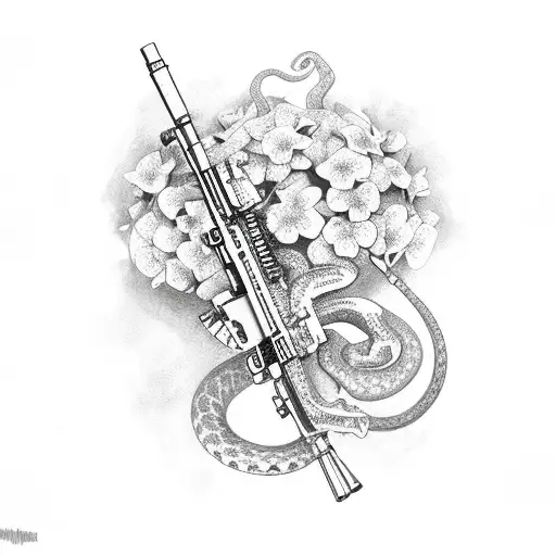 An AR15 rifle intertwined with flowers and snakes tattoo design idea