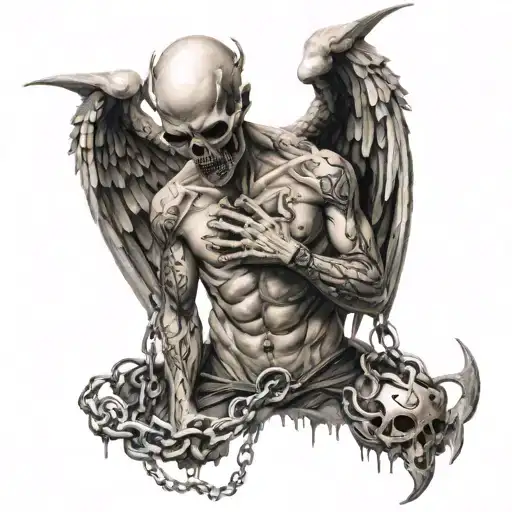 a demon tears out an angel's heart in chains whose torso is a skull tattoo design idea