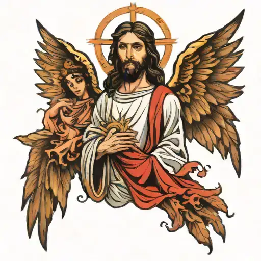 Jesus who has 2 angels on his right but also on his left tattoo design idea