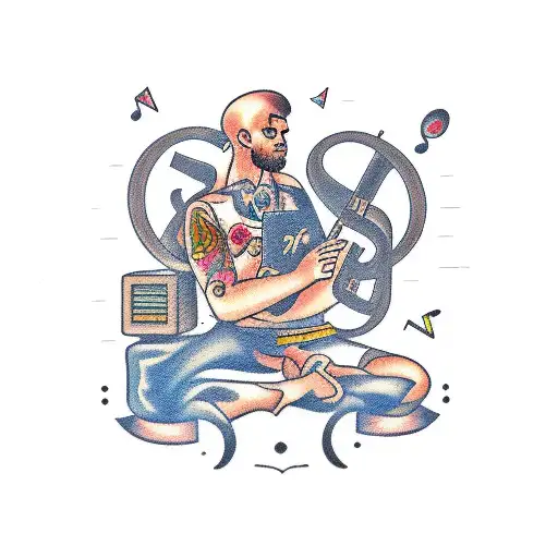 A software developer coding while surrounded by musical notes tattoo design idea