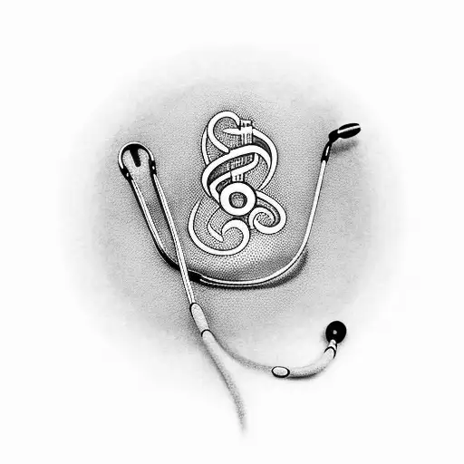 A tattoo of a nurse's stethoscope intertwined with musical notes, symbolizing your passion for saving lives and love for music, in black-grey style. tattoo design idea