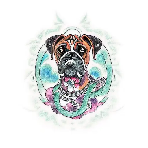 A tattoo design of a boxer's silhouette surrounded by intricate patterns of strength symbols like chains and anchors, symbolizing resilience and determination tattoo design idea