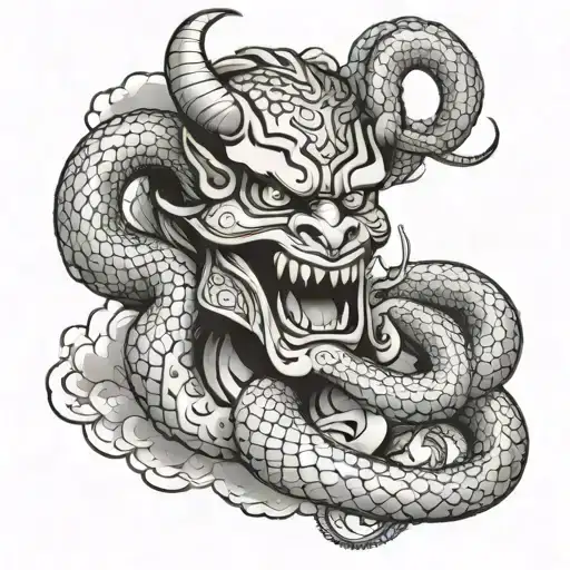 clouds with a snake and an oni demon mask tattoo design idea