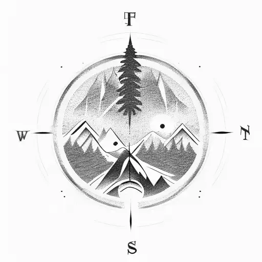 mountain range with a forest theme with a compass in the background rising similiar to a sunrise tattoo design idea