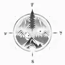 mountain range with a forest theme with a compass in the background rising similiar to a sunrise tattoo design idea