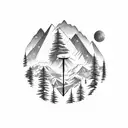 mountain range with a forest theme with a compass in the background rising similiar to a sunrise tattoo design idea