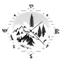 mountain range with a forest theme with a compass in the background rising similiar to a sunrise tattoo design idea