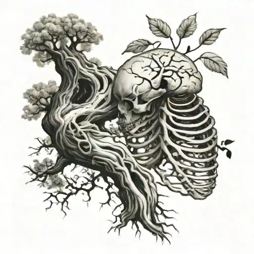a tree wrapped in a rib cage with the spinal chord going into the dirt for the roots of the tree  tattoo design idea