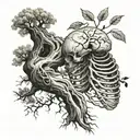 a tree wrapped in a rib cage with the spinal chord going into the dirt for the roots of the tree  tattoo design idea