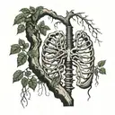 a tree wrapped in a rib cage with the spinal chord going into the dirt for the roots of the tree  tattoo design idea