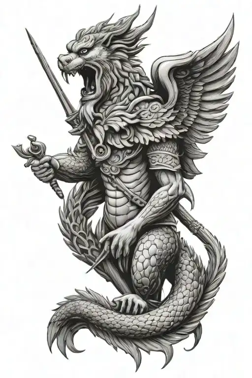 Merlion with wings holding a trident piercing tattoo design idea