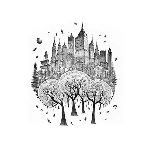 A detailed blackwork sleeve tattoo featuring the iconic trees and city buildings from The Nightmare Before Christmas movie tattoo design idea
