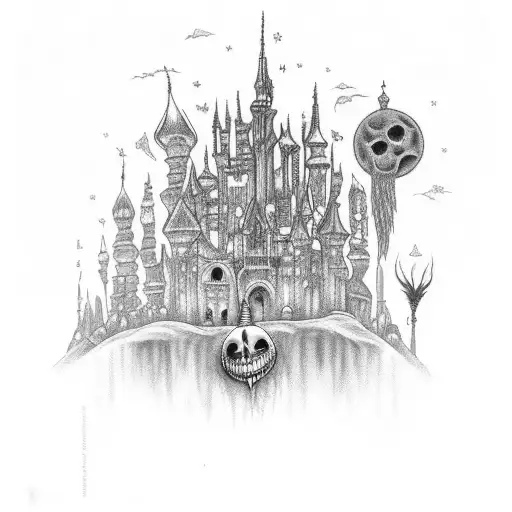 Incorporate the city buildings from The Nightmare Before Christmas into a sleeve tattoo, using a black-grey style tattoo design idea