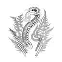 Switchblade with a snake as handle and fern in the back tattoo design idea