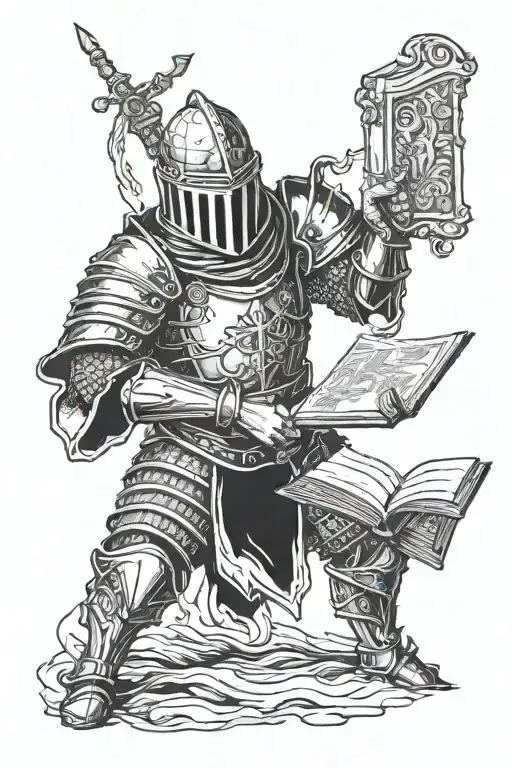 dark souls inspired medieval knight holding a book casting a spell that looks like a gun tattoo design idea