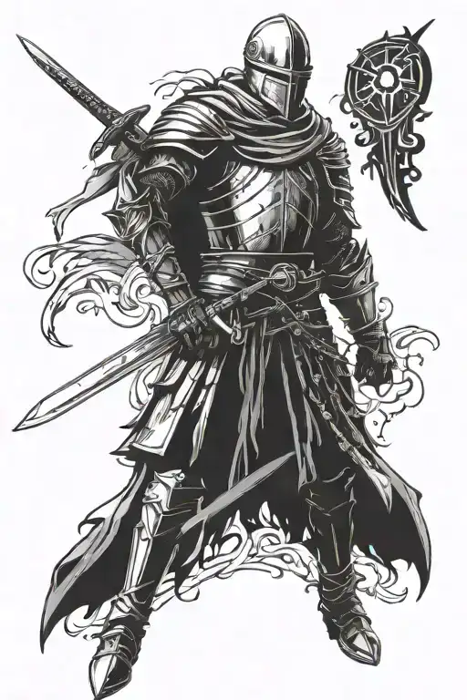 dark souls medieval knight with sword swag type fashion no background tattoo design idea