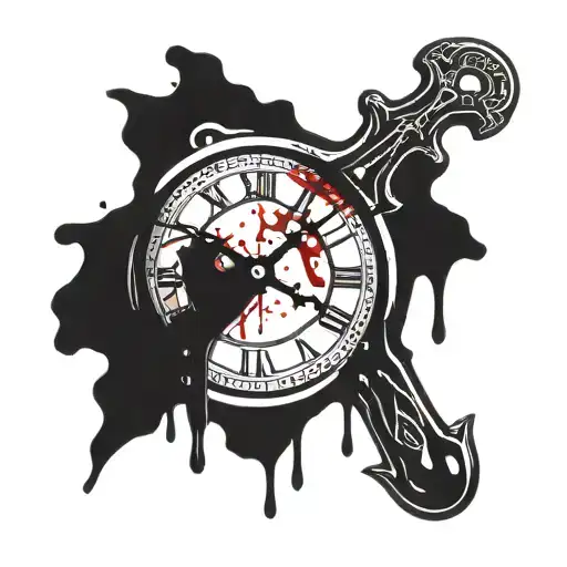 broken clock with dagger hands dripping blood drops tattoo design idea