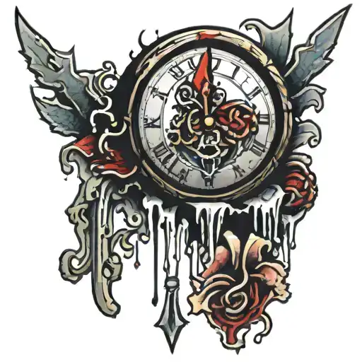 broken clock with dagger hands dripping blood drops tattoo design idea