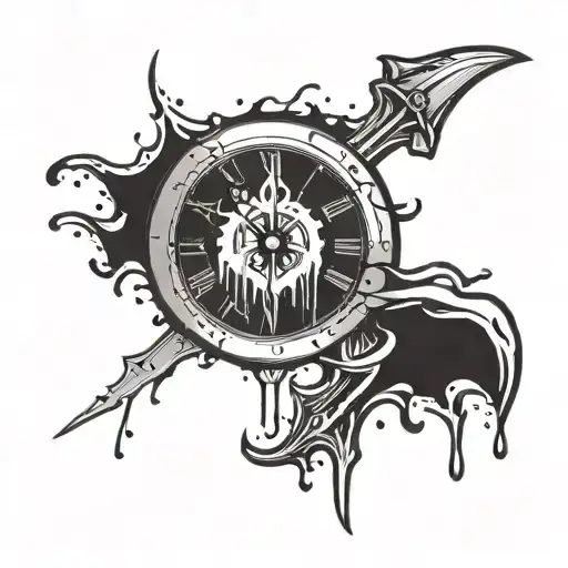 broken clock with dagger hands dripping blood dripping tattoo design idea