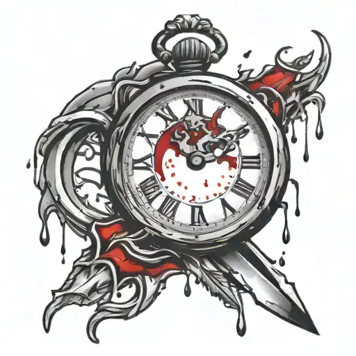 broken clock with dagger hands dripping blood drops tattoo design idea
