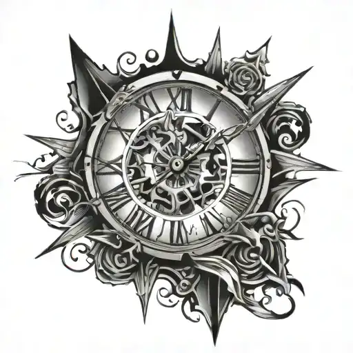 broken clock with daggers as the hands pointing tattoo design idea