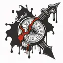 broken clock with dagger hands dripping blood drops tattoo design idea