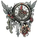 broken clock with dagger hands dripping blood drops tattoo design idea