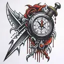 broken clock with dagger hands dripping blood drops tattoo design idea