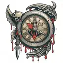 broken clock with dagger hands dripping blood drops tattoo design idea