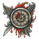 broken clock with dagger hands dripping blood drops tattoo design idea