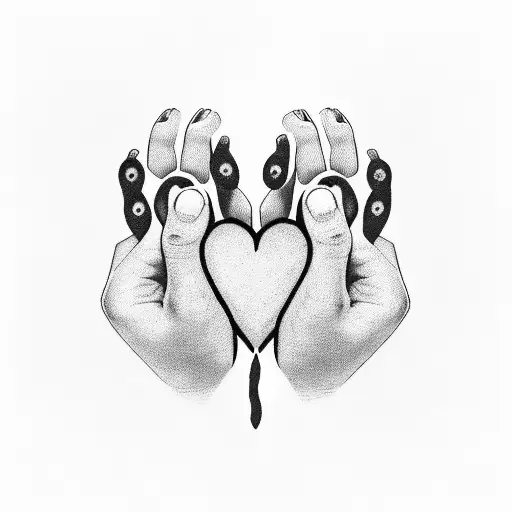 A pair of hands holding a black heart with the word 'love' written in an infinite loop, symbolizing boundless black love tattoo design idea