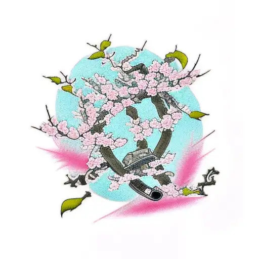 Traditional Japanese cherry blossoms intertwined with Naruto characters tattoo design idea