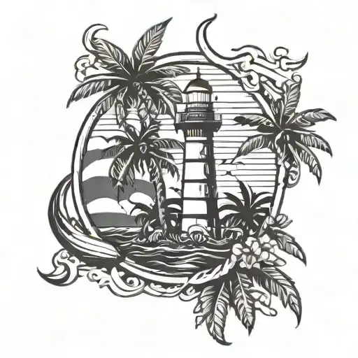 black and white color lighthouse anchor palm trees tattoo design idea