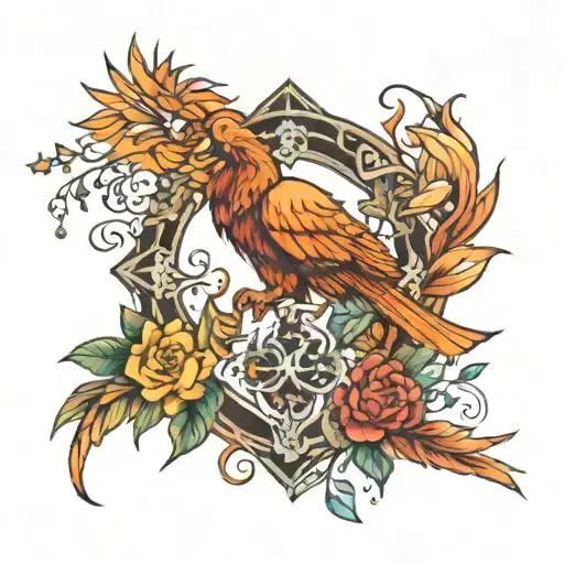 cross of crystals with a phoenix bird around flowers and a lion tattoo design idea