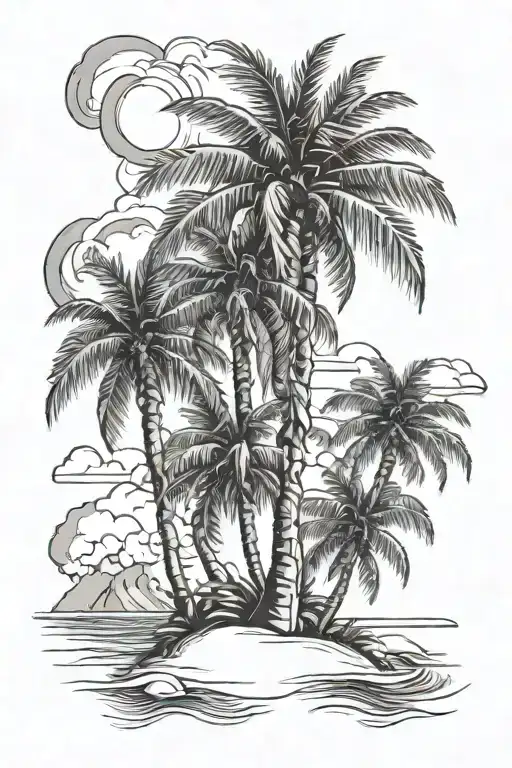 Palm trees with beach transitioning to renaissance angels  tattoo design idea