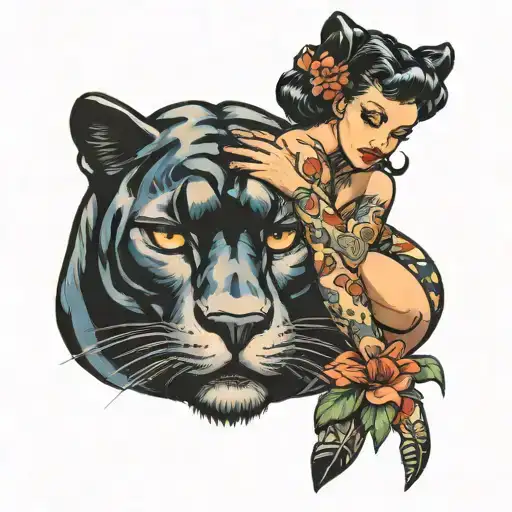 panther and pin up girl cuddling    tattoo design idea