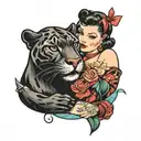 panther and pin up girl cuddling    tattoo design idea