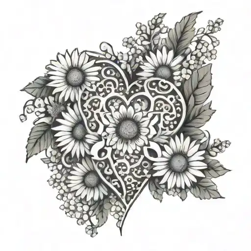 white heart surrounded by daisies tattoo design idea