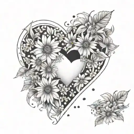 white heart surrounded by daisies tattoo design idea