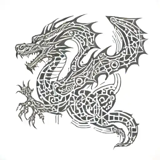 An abstract design of a dragon made up of binary code and circuit patterns tattoo design idea